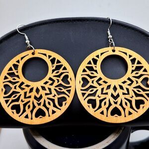 Round wood carved earrings boho jewelry heart design
